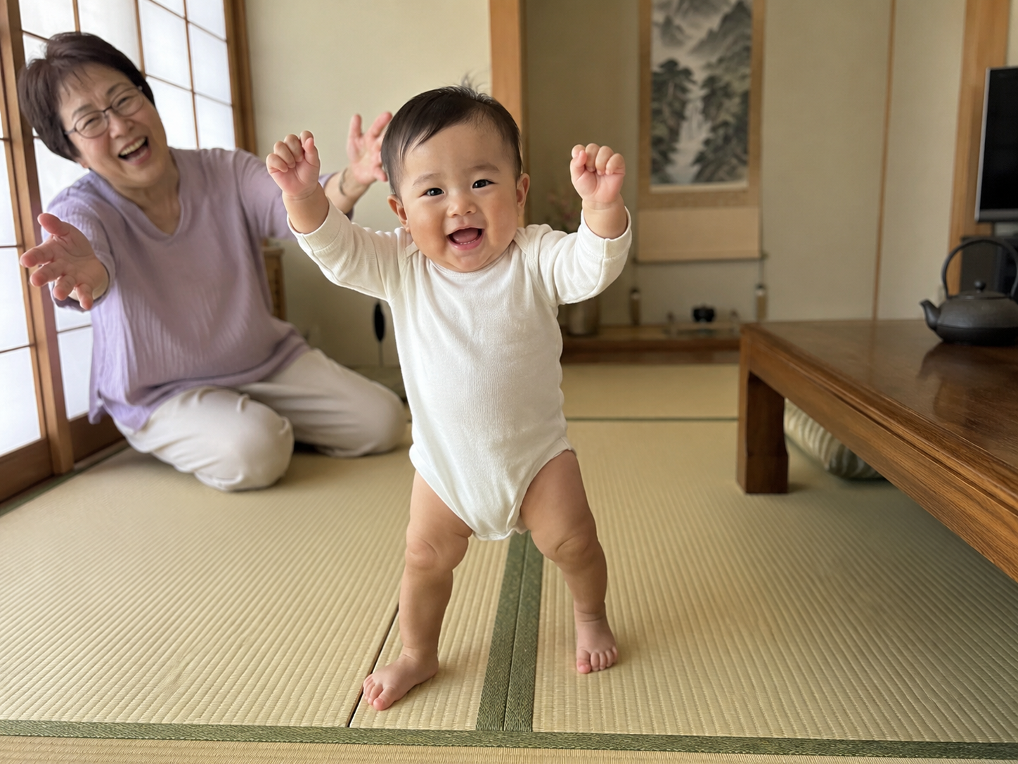 A photo of a grandchild standing for the first time on the tatami
